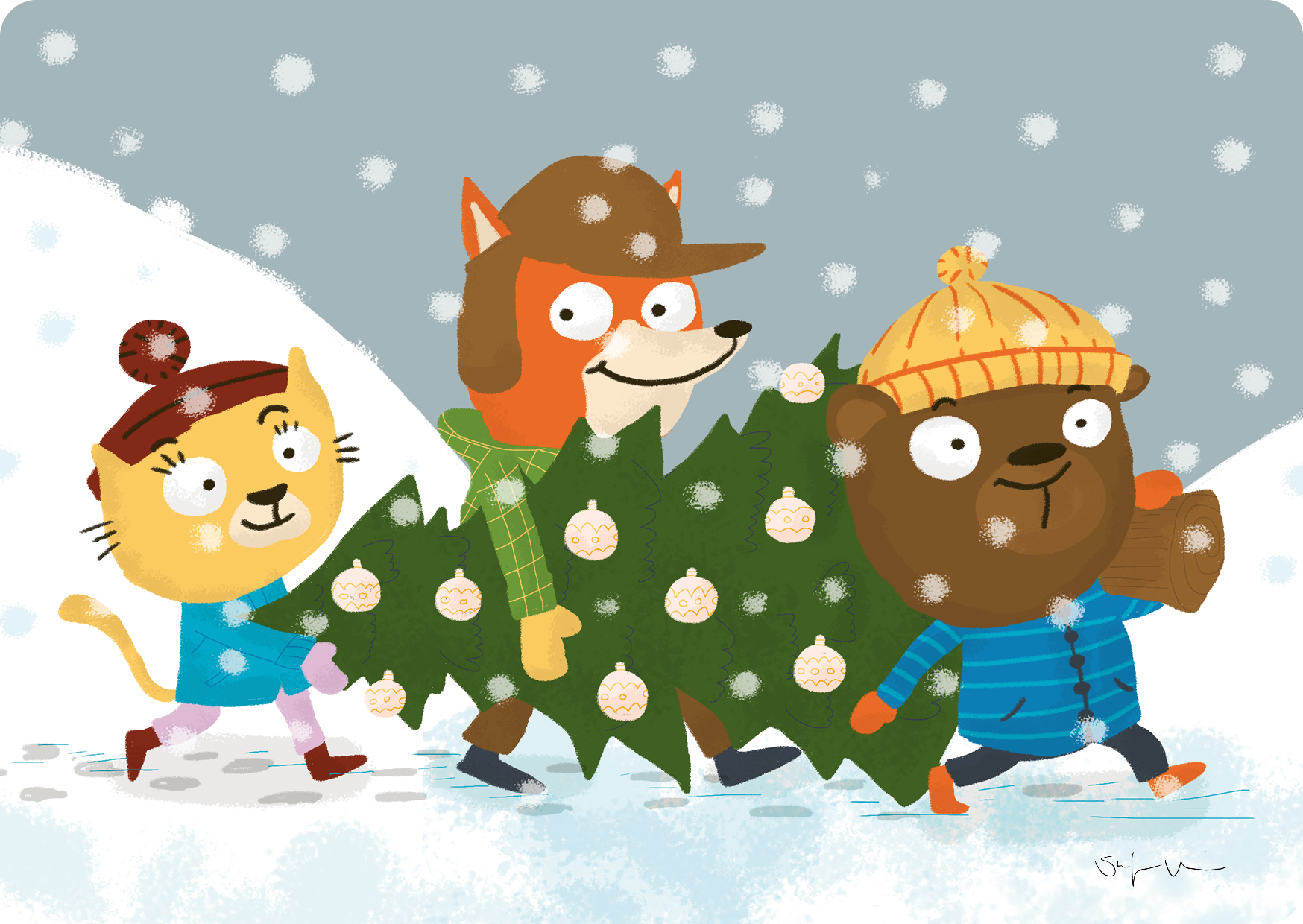 Die Postkarte „Weihnachtsfreunde im Schneegestöber“ von buchenblau zeigt eine Comic-Katze, einen Fuchs und einen Bären, die mit einem Weihnachtsbaum durch die verschneite Weihnachtszeit laufen; die Katze trägt eine rote Mütze, der Fuchs eine braune Mütze und der Bär eine gelbe Strickmütze vor einem hellblauen Himmel mit fallenden Schneeflocken.