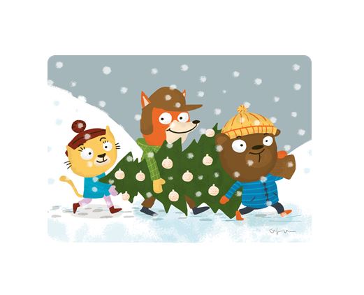 Die Postkarte Weihnachtsfreunde im Schneegestöber von buchenblau zeigt eine Katze, einen Fuchs und einen Bären in Winterkleidung, die einen mit Weihnachtsschmuck geschmückten Weihnachtsbaum durch das verschneite Wetter tragen. Diese bezaubernde DIN A6-Karte passt perfekt zur Weihnachtszeit.