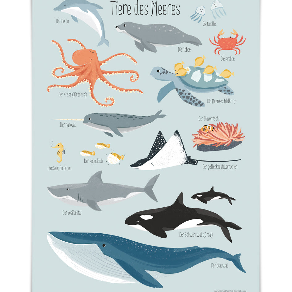 Illustriertes Poster mit dem Titel „Kinderzimmerposter A3 ‚Tiere des Meeres‘“ von 54illustration, das verschiedene Meerestiere zeigt. Enthält einen Oktopus, eine Schildkröte, eine Robbe, eine Krabbe, einen Fisch, einen Narwal, einen Clownfisch, einen Eichhörnchenfisch, einen Kugelfisch, einen Rochen, einen Seeteufel, einen Weißen Hai, einen Schwertfisch und einen Blauwal – alle mit deutscher Beschriftung. Perfektes Meerestiere-Poster DIN A3 für ein Lernposter im Kinderzimmer!