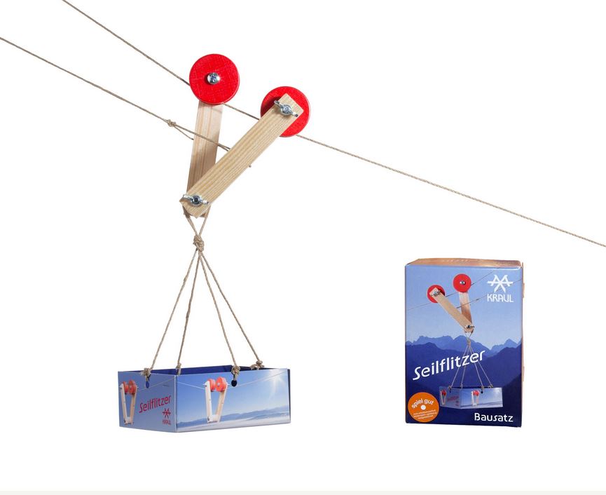 An einer Schnur hängt eine kleine Kraul-Seilflitzer-Seilbahn aus Holz mit roten Rädern und blauem Sockel. Daneben befindet sich die Verpackung mit dem gleichen Modell, der Marke Kraul und dem Versprechen von echtem Seilbahnspaß.