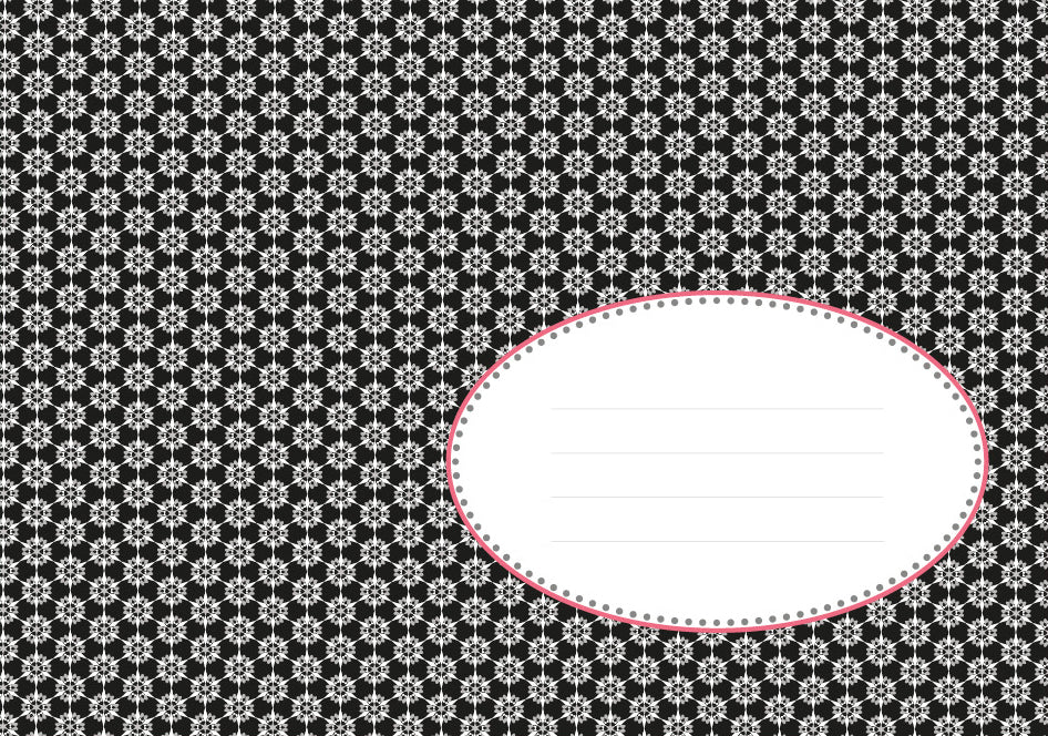 Das Briefumschläge-Muster von nobisdesign zeigt einen schwarz-weißen geometrischen Sternenhintergrund mit einem rot gepunkteten weißen Oval für Notizen in der unteren rechten Ecke. Perfekt für selbstklebende Briefumschläge, ergänzt es elegant C6 80g Papier.