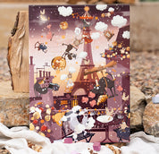 Der buchenblaue Ministempel-Adventskalender zeigt verspielte Tiere wie Katzen und Mäuse, die zwischen Wolken, Sternen und Leckereien an einem roten Turm feiern. Jedes nummerierte Türchen offenbart einen Teil einer skurrilen, farbenfrohen Weihnachtsszene.