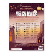 Der buchenblaue Ministempel - Adventskalender verfügt über eine Verpackung mit deutschem und englischem Text, Dach- und Nachthimmel-Illustrationen, Abbildungen von Ministempeln und 24 einzigartigen, nummerierten Ministempel-Motiven.