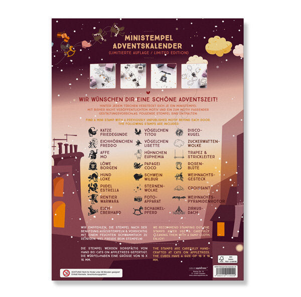 Der buchenblaue Ministempel - Adventskalender verfügt über eine Verpackung mit deutschem und englischem Text, Dach- und Nachthimmel-Illustrationen, Abbildungen von Ministempeln und 24 einzigartigen, nummerierten Ministempel-Motiven.