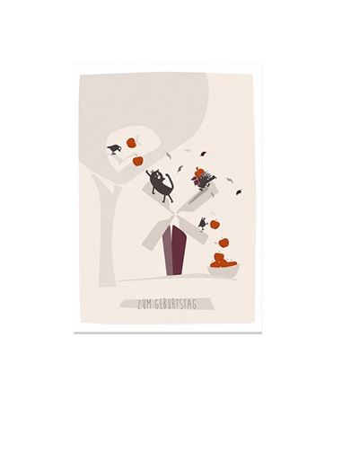 Minimalistische Postkarte „Zum Geburtstag Windmühle“ von cats on appletrees: Zwei Katzen auf einer Wippe, rote Äpfel, eine Katze im Baum, weitere Äpfel gefallen. Gedruckt auf Naturpapier im DIN A6 Format.