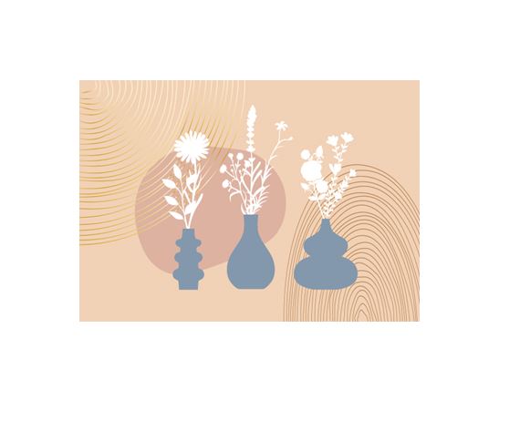 Silhouetten von drei blauen Vasen mit weißen Blumen stehen vor einem abstrakten beigen Hintergrund, der mit wirbelnden Linien und rosa kreisförmigen Akzenten geschmückt ist, und ergeben eine fesselnde Komposition, die jeder Postkarte-Boho-Vase von nobisdesign würdig ist.