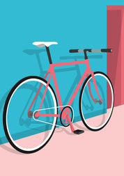 Illustration eines roten Fahrrads mit weißen Rädern, das an einer blauen Wand und einem rosa Boden lehnt und an das stilvolle Postkarte Fixi Bike von nobisdesign erinnert. Das Fahrrad ist komplett mit einem schwarzen Lenker und Sattel ausgestattet und weist auf der rechten Seite des Bildes einen roten vertikalen Balken auf.