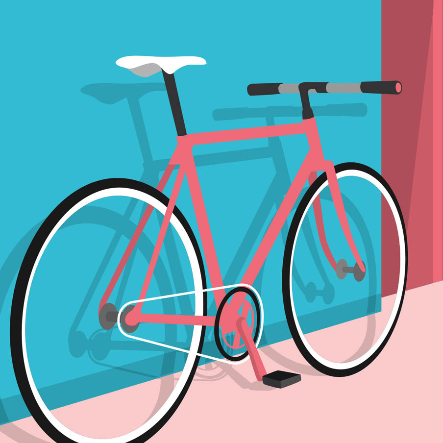 Illustration eines roten Fahrrads mit weißen Rädern, das an einer blauen Wand und einem rosa Boden lehnt und an das stilvolle Postkarte Fixi Bike von nobisdesign erinnert. Das Fahrrad ist komplett mit einem schwarzen Lenker und Sattel ausgestattet und weist auf der rechten Seite des Bildes einen roten vertikalen Balken auf.